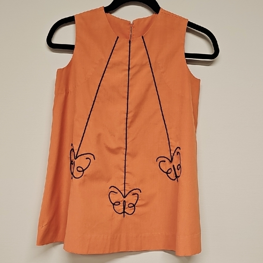 Vtg Handmade Girls Outfit Orange With Blk Butterflies A-line Tank Top & Shorts